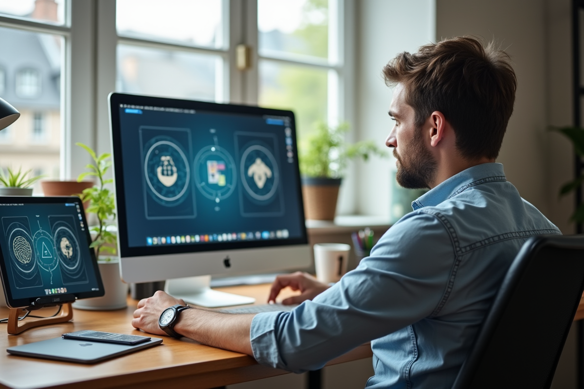 Adulte travaillant à domicile avec outils numériques et icônes éducatives