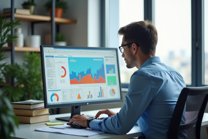 Jeune homme professionnel analysant des données SAS au bureau