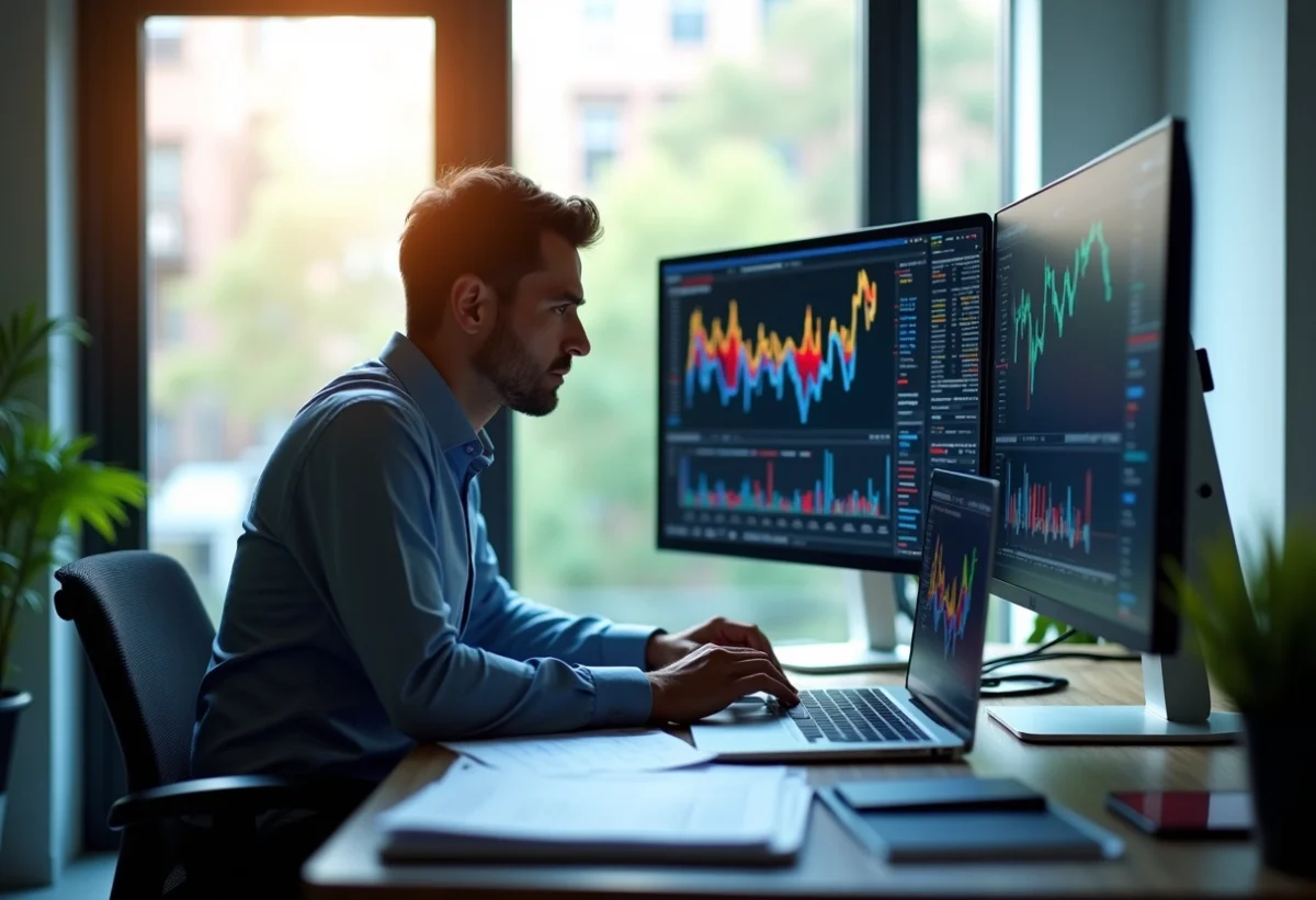 Analyste financier étudiant des graphiques colorés en bureau lumineux