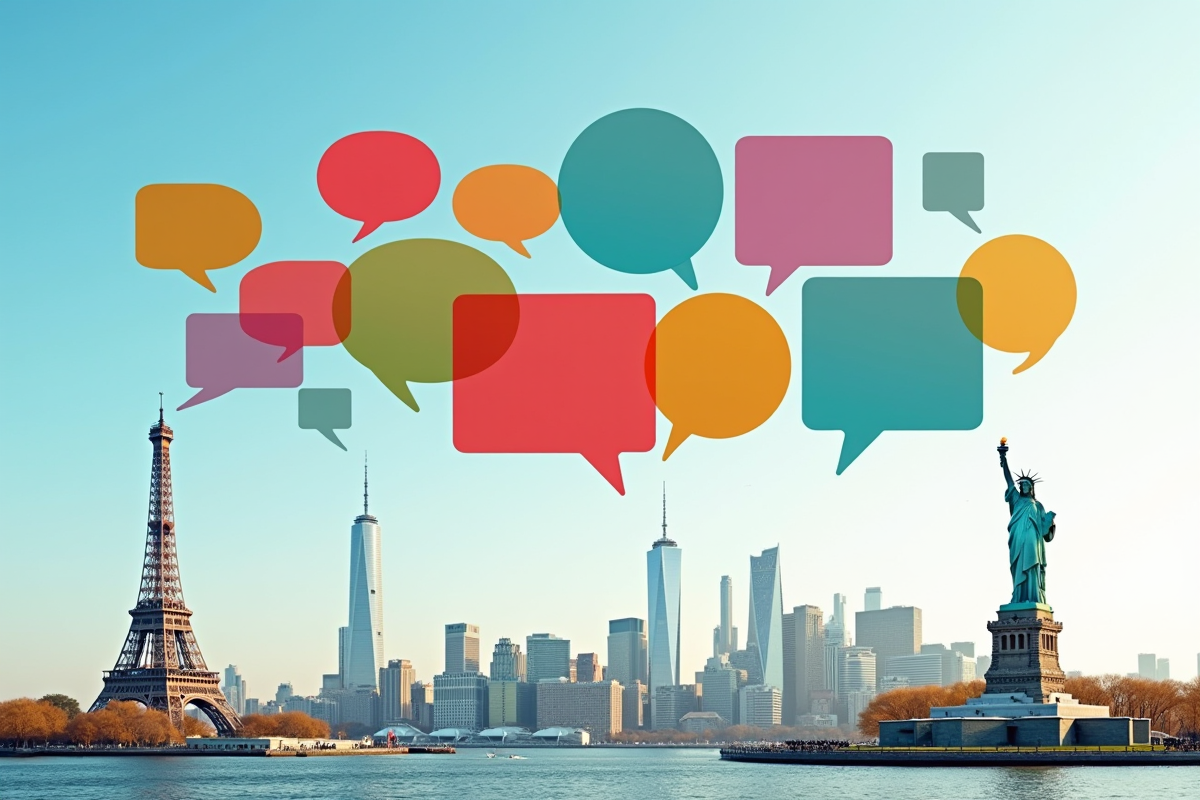 Bulles de langues colorées au-dessus de monuments célèbres
