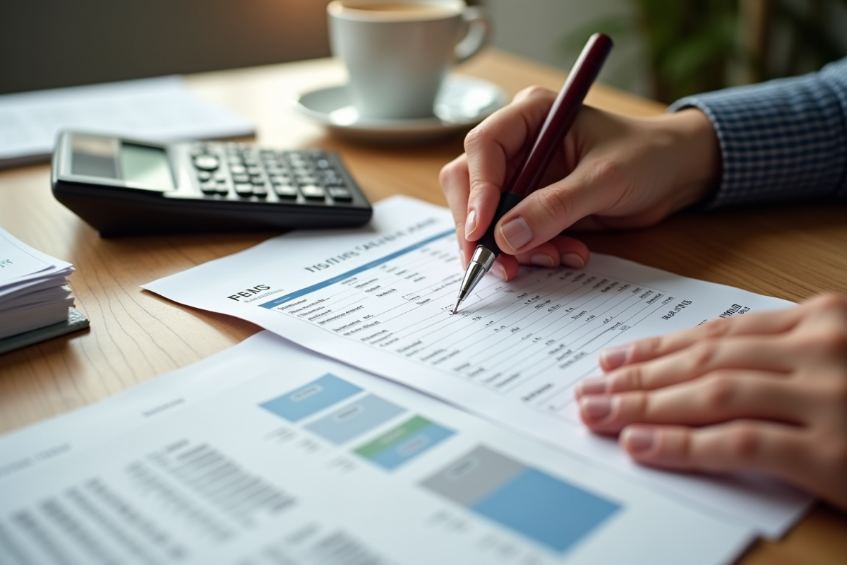 Bulletin de salaire et calculatrice sur un bureau en bois