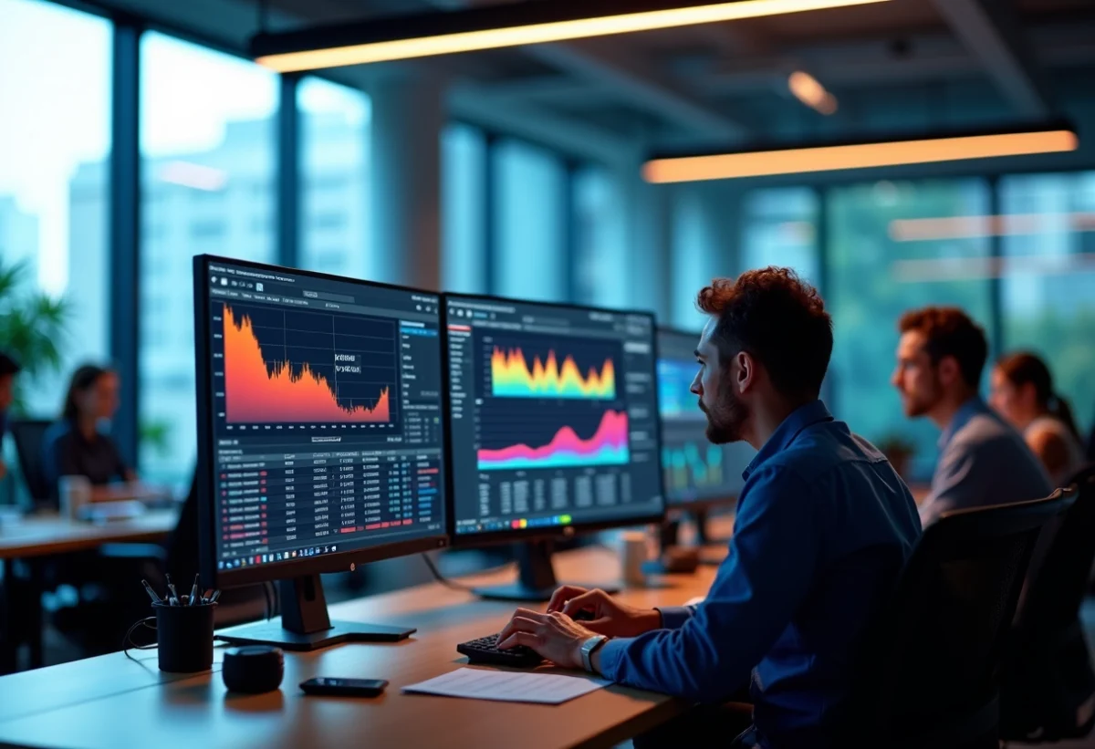 Espace de travail moderne avec équipe IT analysant graphiques