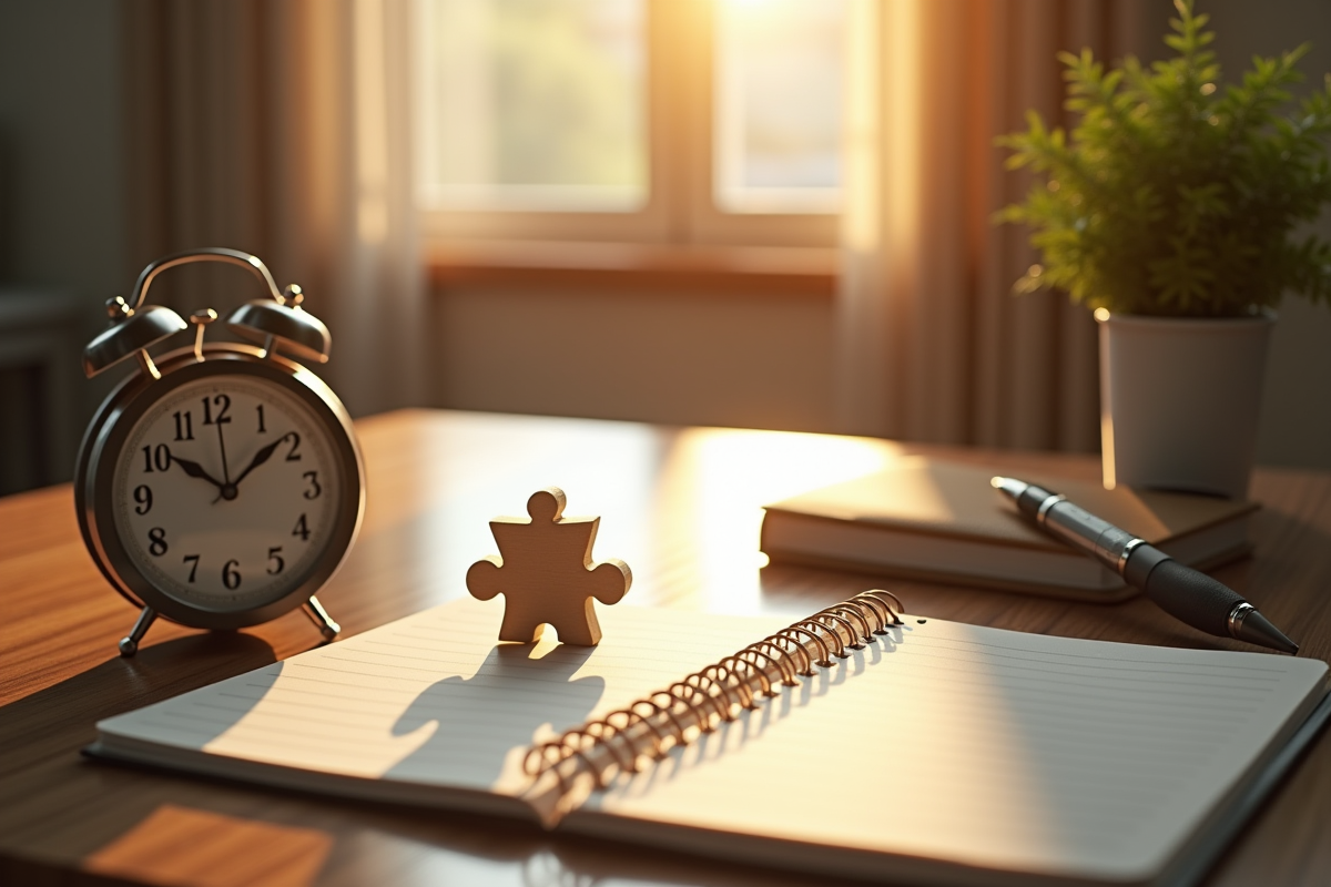 Objets symbolisant les processus de gestion sur un bureau en bois