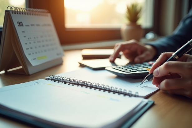 Bureau organisé avec calendrier et stylo pour la gestion du temps