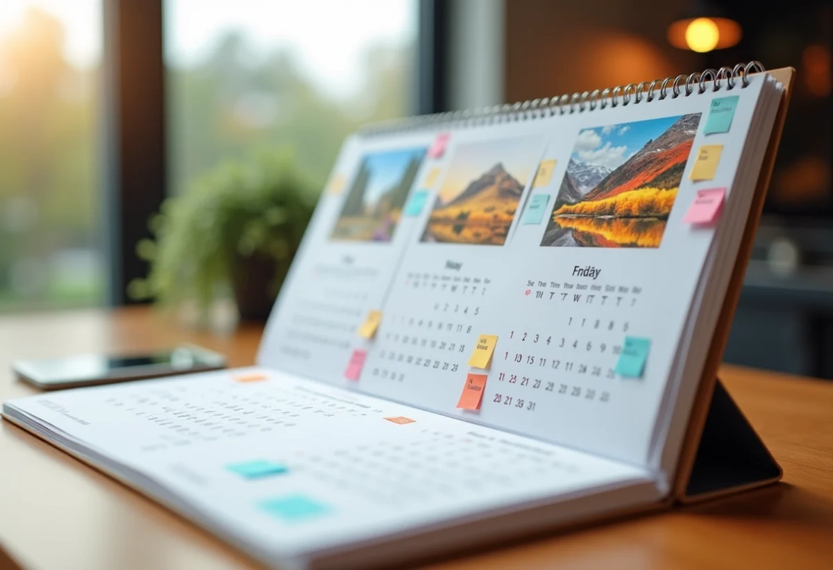 Calendrier moderne ouvert avec quatre pages saisonnières et notes colorées