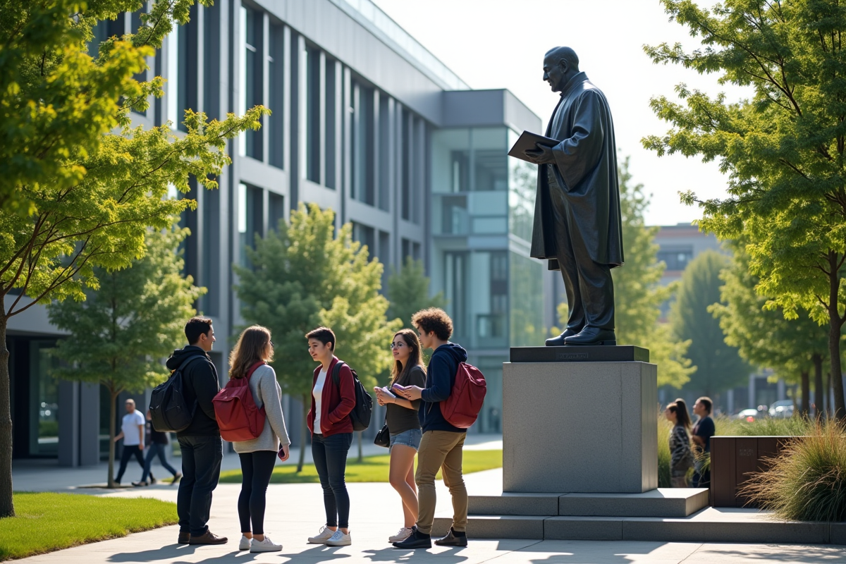 Étudiants discutant devant une statue d