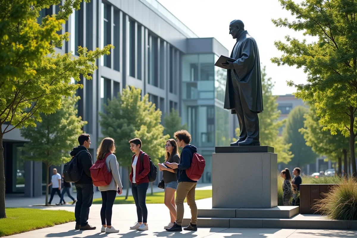 Étudiants discutant devant une statue d
