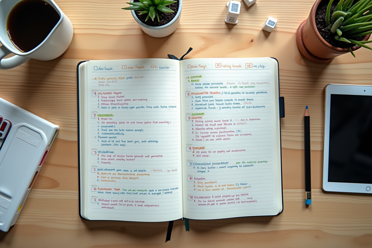 Carnet ouvert avec schémas et notes colorées sur un bureau en journée
