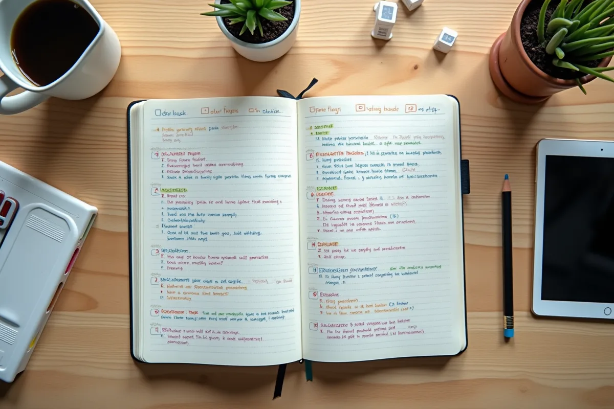 Carnet ouvert avec schémas et notes colorées sur un bureau en journée