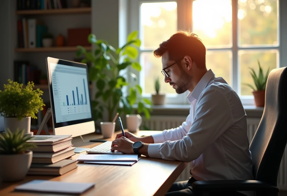 Chercheur concentré à son bureau lumineux avec livres et ordinateur