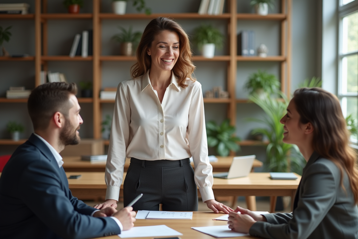 Femme en coaching avec collègues dans un bureau organisé