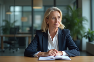 Coach femme en réflexion dans un bureau moderne