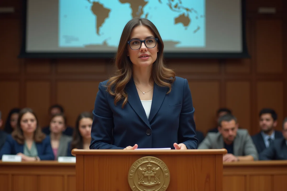 Jeune femme en présentation avec carte du monde en arrière-plan
