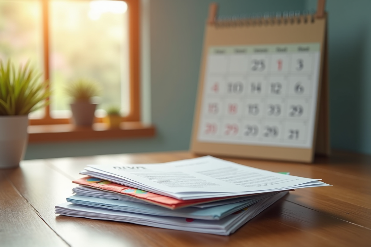 Coffret de CV et enveloppes colorées sur une table de cuisine