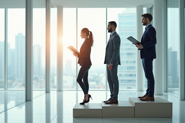 Trois professionnels en réunion dans un bureau lumineux