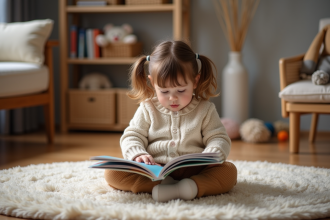 Petite fille de deux ans lit un livre coloré dans le salon
