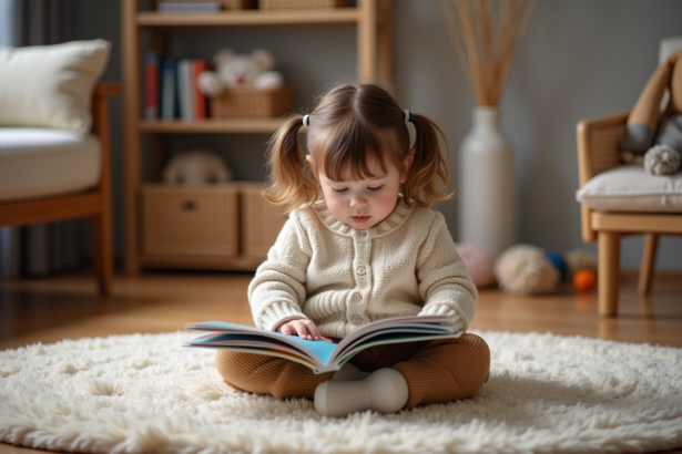 Petite fille de deux ans lit un livre coloré dans le salon