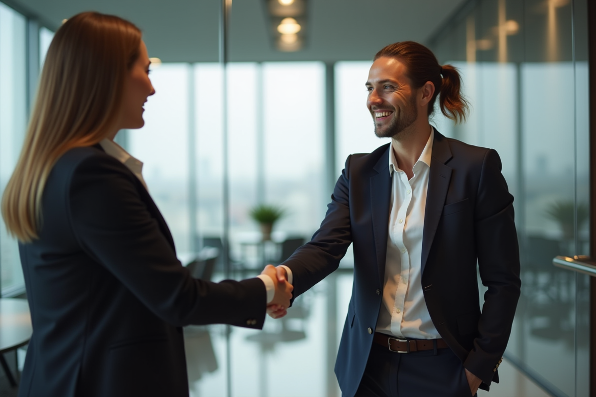 Deux professionnels souriants lors d'un entretien d'embauche dans un bureau moderne
