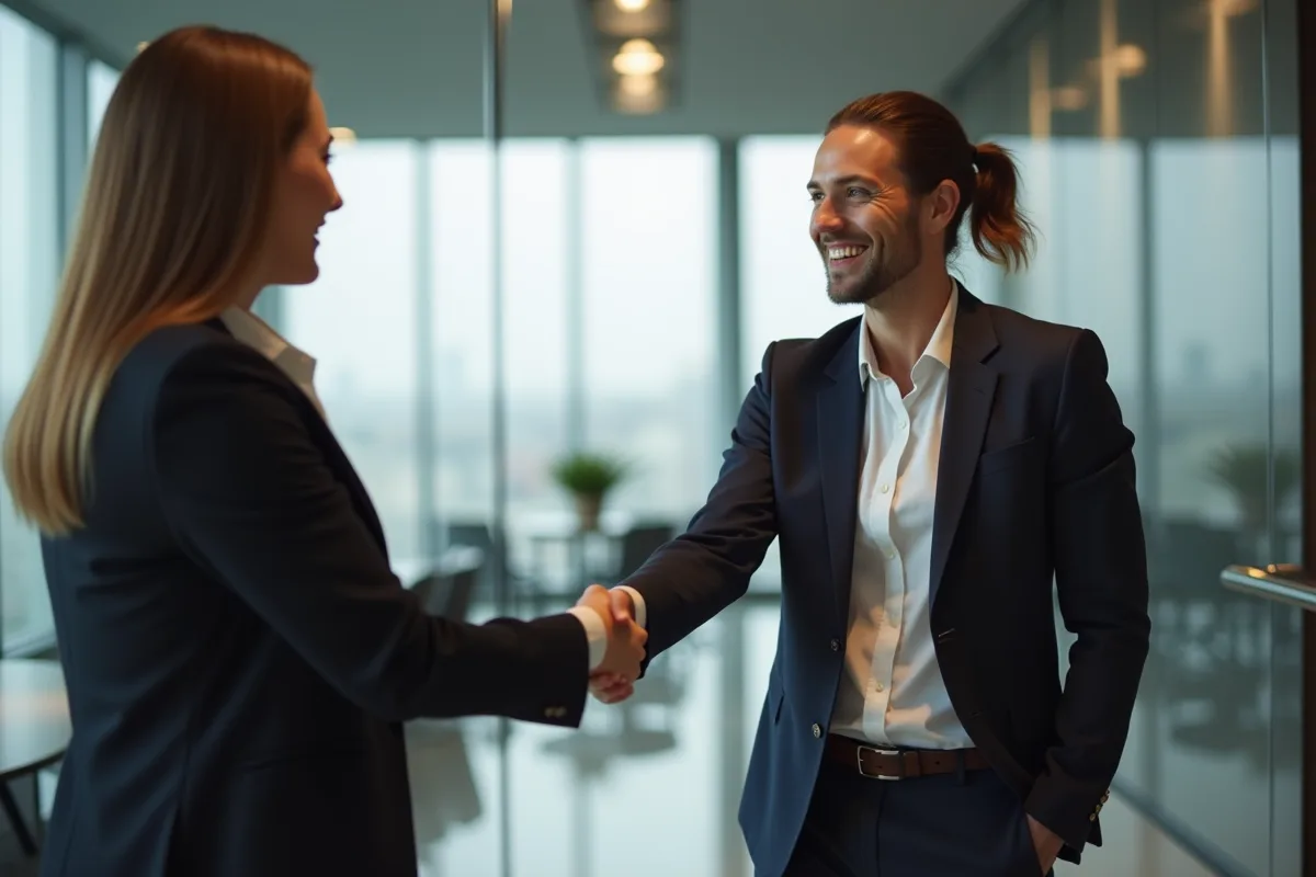 Deux professionnels souriants lors d'un entretien d'embauche dans un bureau moderne