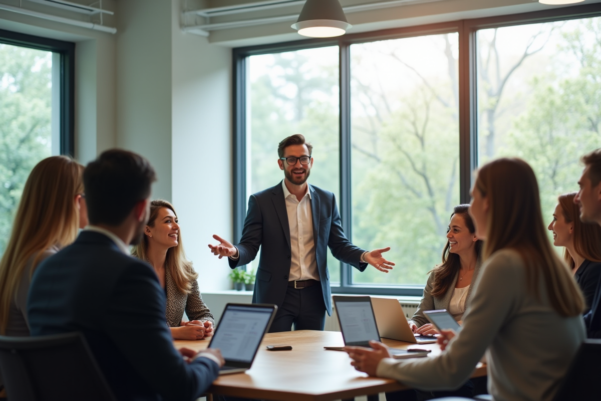 Groupe de professionnels en réunion dans un bureau lumineux