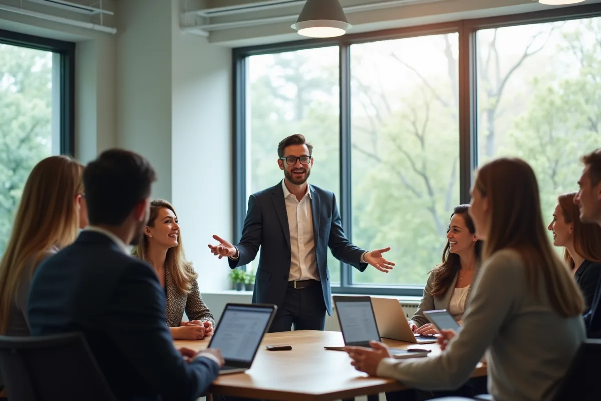Groupe de professionnels en réunion dans un bureau lumineux