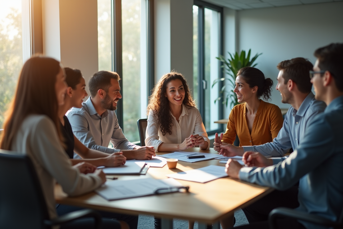 Groupe de professionnels collaborant dans un bureau lumineux