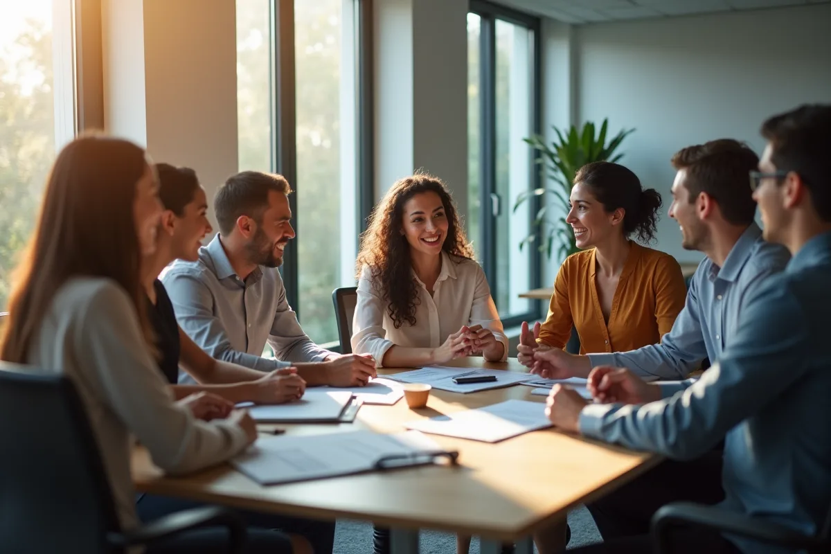 Groupe de professionnels collaborant dans un bureau lumineux