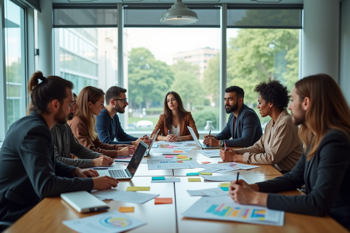 Equipe diverse en réunion brainstorming avec documents et ordinateurs