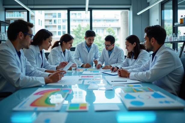 Groupe de scientifiques dans un laboratoire moderne collaborant