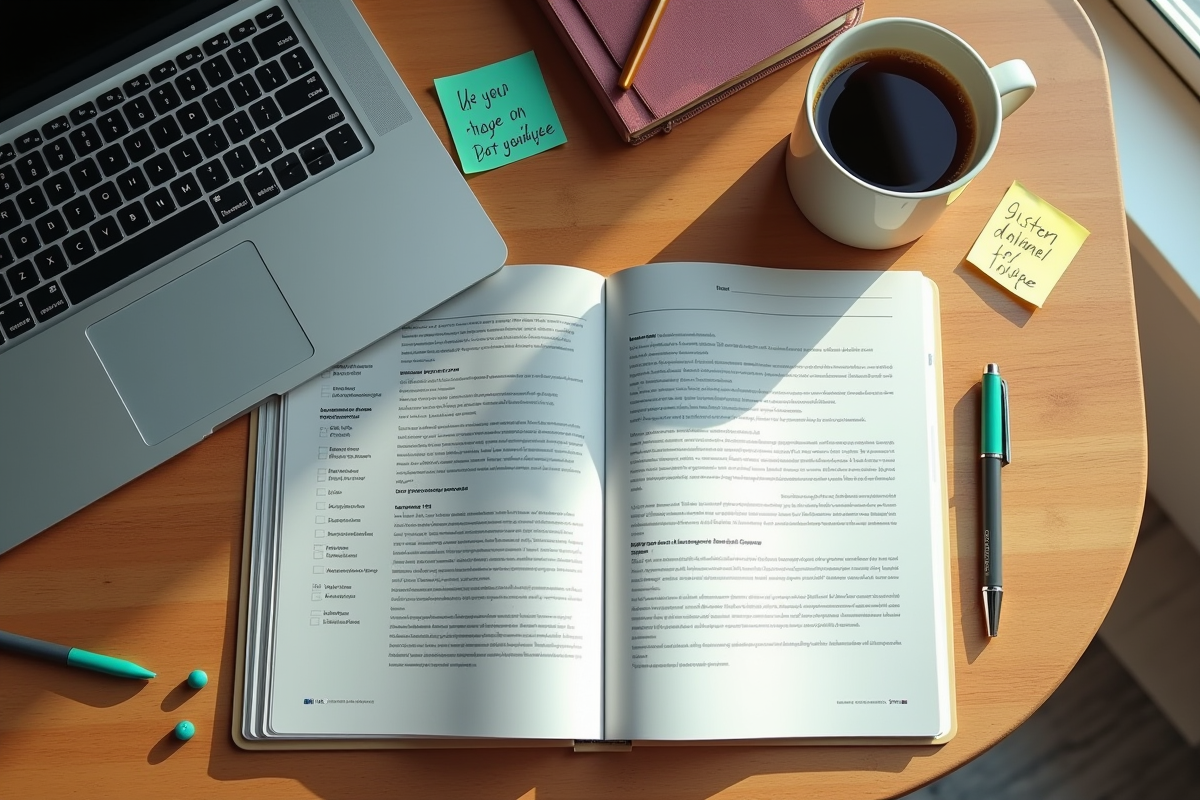 Espace de travail créatif vu de dessus avec ordinateur et notes