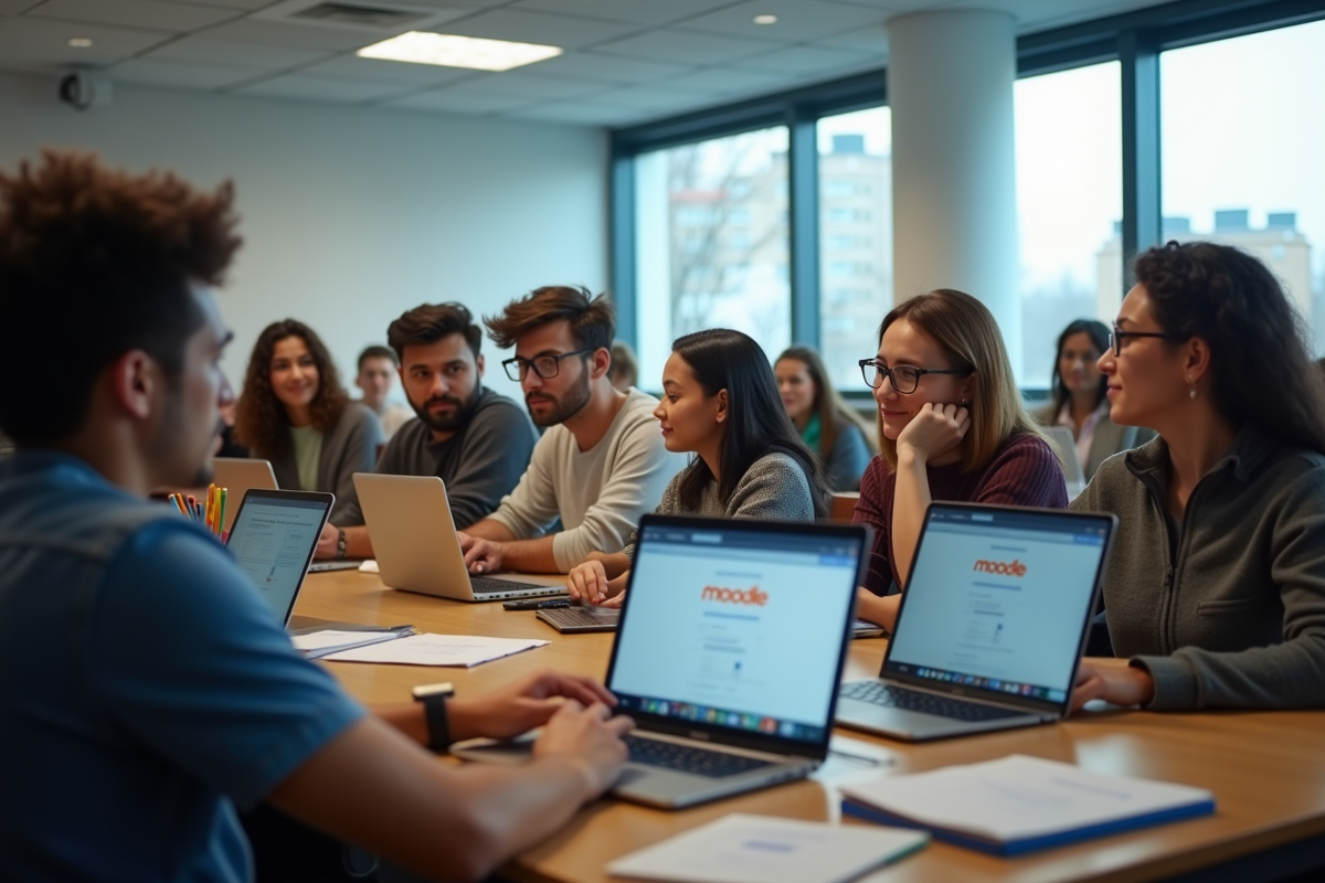 Groupe d'étudiants en formation Moodle dans une salle moderne
