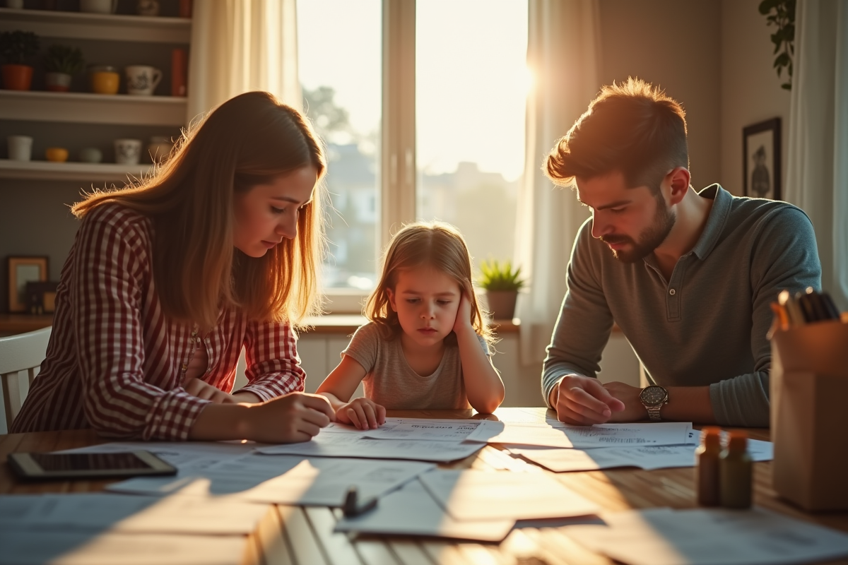 Famille inquiète examinant des factures à la cuisine