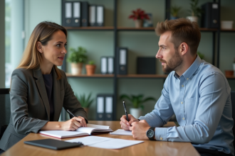 Femme d'affaires attentive écoutant un jeune homme en réunion