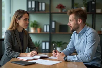 Femme d'affaires attentive écoutant un jeune homme en réunion