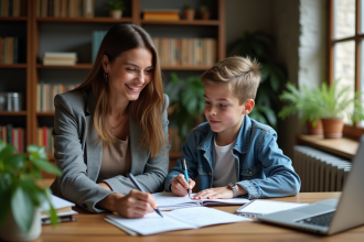 Femme aidant un adolescent à faire des maths à la maison