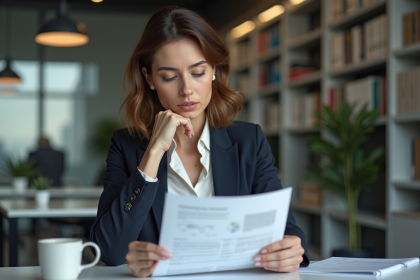 Femme réfléchie au bureau avec rapport et notes