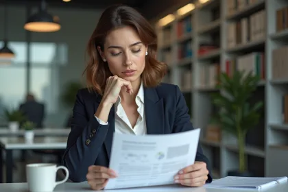Femme réfléchie au bureau avec rapport et notes