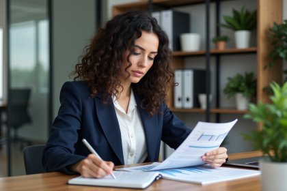 Femme en bureau professionnel prenant des notes