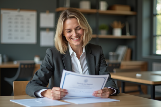 Femme d affaires examine un certificat dans un bureau moderne