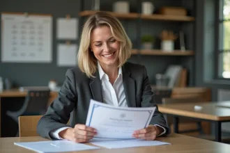 Femme d affaires examine un certificat dans un bureau moderne
