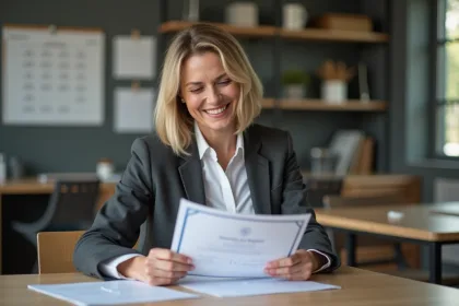 Femme d affaires examine un certificat dans un bureau moderne