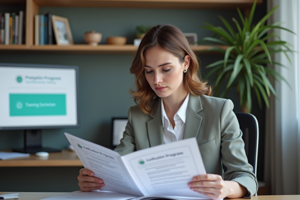 Femme lisant des certificats dans un bureau moderne