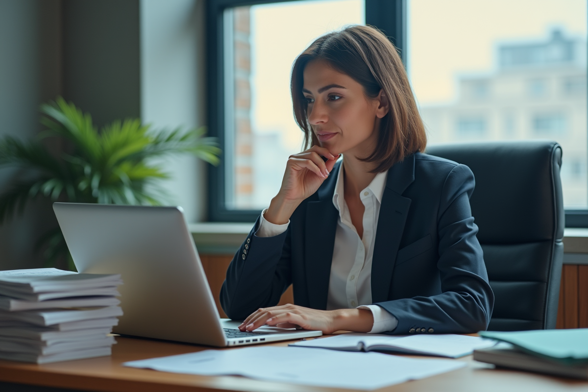 Femme comptable seule à son bureau avec livres et ordinateur