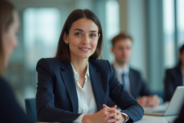 Femme confiante en réunion dans un bureau moderne