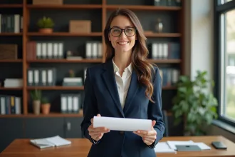 Femme souriante avec diplôme en comptabilite dans un bureau moderne