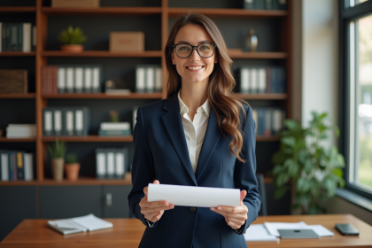 Femme souriante avec diplôme en comptabilite dans un bureau moderne