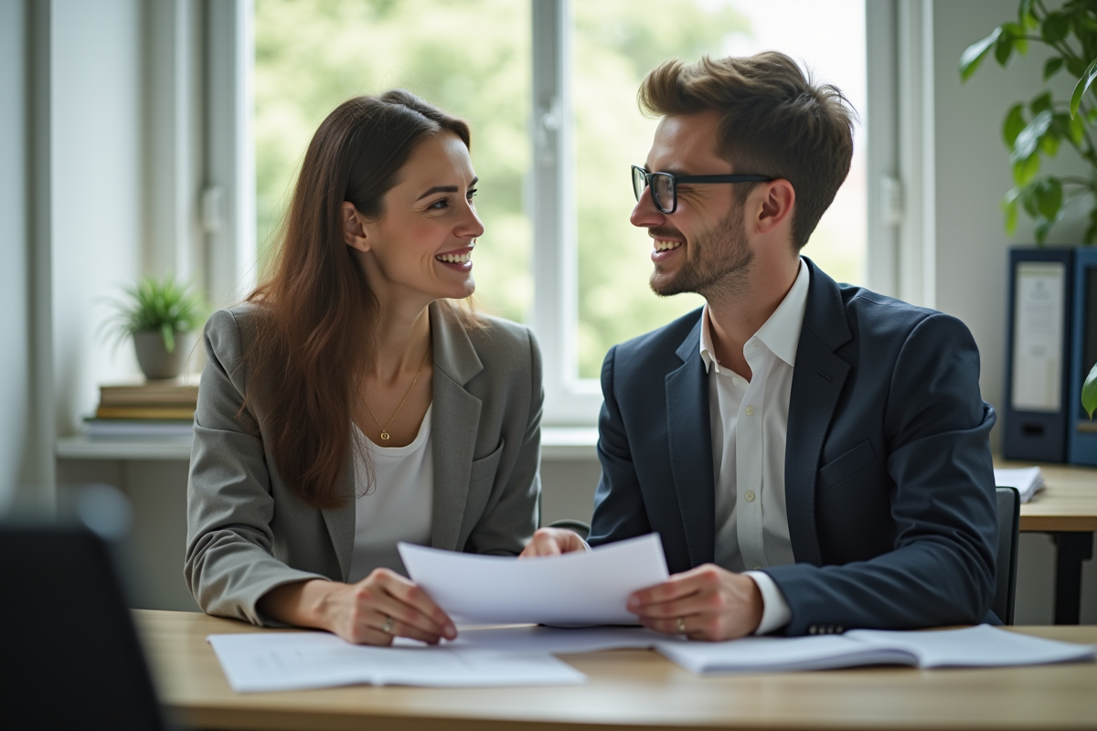 Une femme et un jeune homme discutent au bureau en souriant