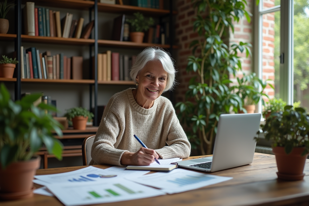 Femme souriante prenant des notes dans son espace d
