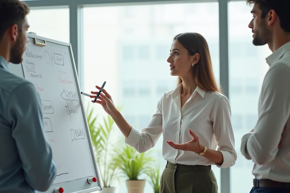 Jeune femme expliquant des points au tableau blanc dans un bureau lumineux