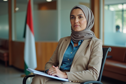 Femme nord-africaine assise dans un hall de mairie